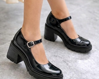 Leather Mary Jane Shoes - Chunky Heel Black Patent Leather Pumps - Vintage Style Ankle Strap Women's Heels - Retro Wedding Shoes