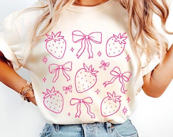 Strawberry Bow Clipart, Coquette Pink Strawberry Doodle, Preppy PNG (Digital Download)