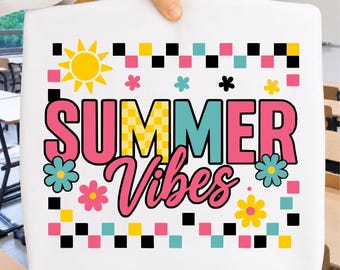 Summer Vibes png, Retro Groovy Summer PNG, Checkerboard T-Shirt Design, Cute Sun and Birds Sublimation File