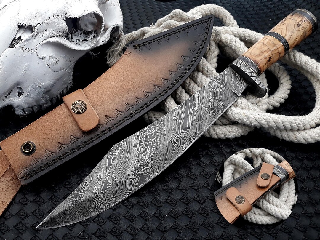Premium Full Tang Bowie Knife with Damascus Steel Blade & Olive Wood Handle