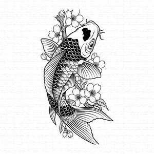 Può includere: Un'illustrazione in bianco e nero a tratto di un pesce koi che nuota verso l'alto, caratterizzato da squame e pinne dettagliate. Il pesce è circondato da diversi fiori di ciliegio e boccioli su rami sottili, in uno stile grafico.