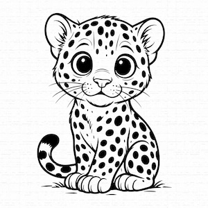 May include: A black and white line art illustration of a sitting leopard cub. The cub features large, round eyes, a small nose, and a coat covered in distinct circular spots. The tail is curled slightly to the side, and the overall design is clean.