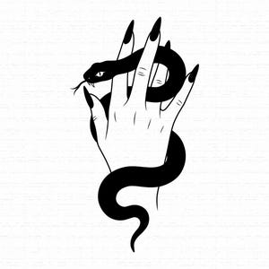 May include: A black and white graphic illustration featuring a hand with long, pointed fingernails intertwined with a slender black snake. The snake is positioned across the fingers, with its head visible on the left side and its tail curving downward.