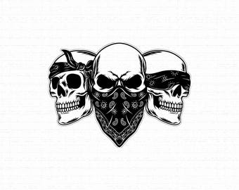 May include: A black and white graphic illustration featuring three human skulls. The left skull wears a bandana tied around its head, the center skull wears a paisley patterned bandana over its nose and mouth, and the right skull wears a blindfold.