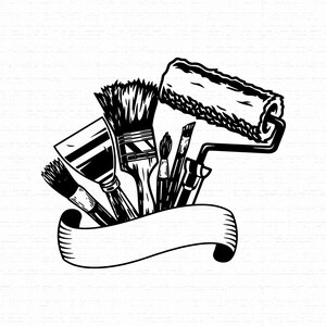May include: A black and white graphic illustration featuring a collection of painting tools including a paint roller, several brushes of varying sizes, and a putty knife, all arranged behind a blank, curved banner for custom text placement.
