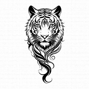 May include: A black and white graphic illustration of a tiger head facing forward. The design features intricate line work detailing the tiger's facial features, fur texture, and ears, with flowing, decorative swirling lines extending downward.