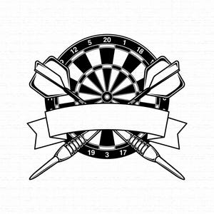 May include: A black and white graphic illustration featuring a circular dartboard with numbered segments and two crossed darts positioned in front. A blank, horizontal ribbon banner is draped across the centre of the dartboard design.