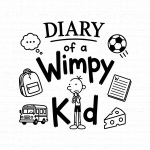 Puede incluir: Un diseño gráfico en blanco y negro con el texto Diary of a Wimpy Kid. La ilustración incluye un personaje de dibujos animados central, una burbuja de pensamiento, un balón de fútbol, una mochila, un autobús escolar, una hoja de cuaderno y queso.