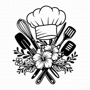 May include: A black and white graphic illustration featuring a chef hat positioned above a collection of kitchen utensils including a whisk, a spatula, and a slotted turner, all arranged amidst a cluster of hibiscus flowers and leafy foliage.