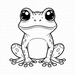 Könnte beinhalten: Eine schwarz-weiße Strichzeichnung eines Frosches mit großen, runden Augen, einem glatten Bauch und gepunkteter Haut auf Rücken und Beinen. Der Frosch ist in sitzender Position dargestellt, nach vorne gerichtet, mit einem einfachen, klaren Umrissstil.