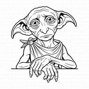 May include: A black and white line art illustration of a house-elf character with large, pointed ears, wide eyes, and a wrinkled face. The character is wearing a simple draped garment tied at the shoulder and is resting thin, long-fingered hands.