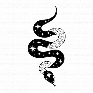 Puede incluir: Una ilustración gráfica en blanco y negro de una serpiente en una pose vertical en forma de S. La serpiente presenta un cuerpo negro sólido adornado con estrellas blancas de cuatro puntas y pequeños puntos, alternando con secciones de escamas.