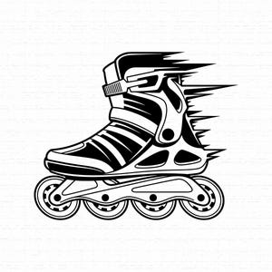 May include: A black and white graphic illustration of an inline skate featuring a high-top boot design with a buckle strap, a rigid frame, and four wheels arranged in a single line, depicted with horizontal motion lines trailing behind the heel.