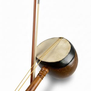 May include: A traditional Chinese erhu, a two-stringed bowed musical instrument. The instrument features a round, wooden sound box with a stretched skin face, a long neck, and a bow. The bow is made of wood and horsehair.
