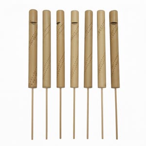 May include: Seven bamboo whistles with a natural wood finish. Each whistle has a cylindrical body with a small opening at the top and a series of dotted perforations. A thin wooden stick extends from the bottom of each whistle.