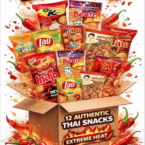 May include: A promotional image for a Thai spicy snack challenge. The image features a cardboard box overflowing with various snack packages, surrounded by red chili peppers. Text on the box reads "12 Authentic Thai Snacks" and "Extreme Heat".