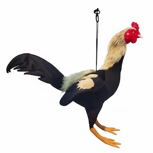 Può includere: Un giocattolo di peluche a forma di gallo con corpo, coda e ali neri. Ha un collo beige e una cresta e bargigli rossi. Il gallo è sospeso da una corda nera.