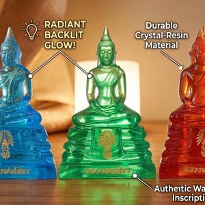 Lichtdurchlässige Luang Pho Sothon Buddha-Statuen: Kristallharz Meditation Altar Dekoration (3er Set)