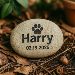 Könnte beinhalten: Ein hellfarbener, ovaler Stein mit einem schwarzen Pfotenabdruck und dem Namen "Harry" sowie dem Datum "02.19.2025" in schwarzer Schrift. Der Stein ist von braunen Blättern und Zweigen umgeben, mit einer Eichel im Vordergrund.
