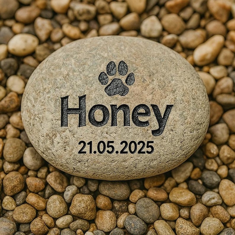 May include: A light grey, oval stone engraved with the name "Honey" in black, bold lettering. Above the name is a paw print, and below is the date "21.05.2025". The stone is surrounded by small, smooth pebbles.