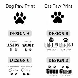 May include: A graphic with dog and cat paw prints and several design options. The designs include text such as "ANJOY", "Charley", and "GUKO", along with the years "2015-2025". The designs are in black and white.