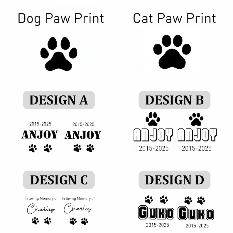 May include: A graphic with dog and cat paw prints and several design options. The designs include text such as "ANJOY", "Charley", and "GUKO", along with the years "2015-2025". The designs are in black and white.