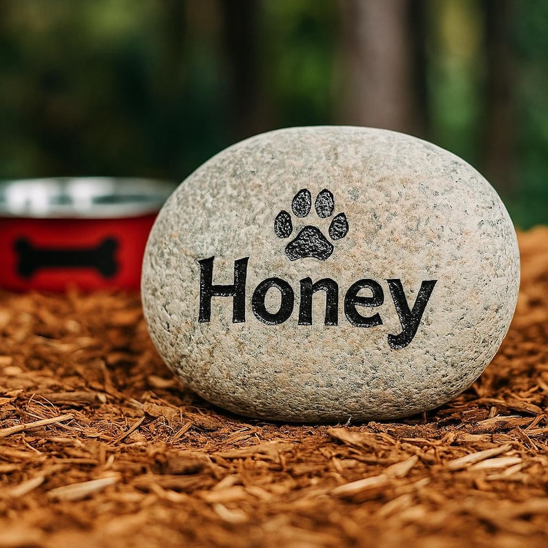 May include: A light grey stone engraved with the name "Honey" and a paw print. The stone sits on brown mulch, with a red dog bowl in the background. A pet-themed garden ornament.