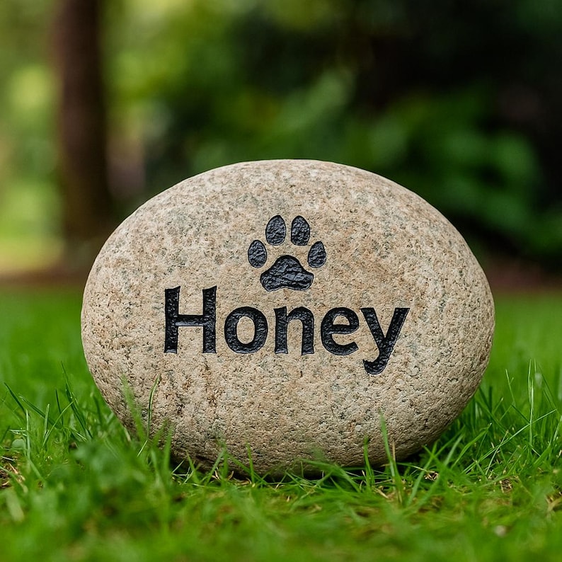 May include: A rounded, pale stone engraved with the name "Honey" in black, and a black paw print above. The stone is set in green grass, with a blurred green background of foliage.