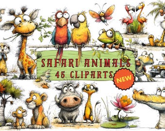 Safari Animals Clipart Bundle, 45 Safari Animal PNG, Cute Safari Clipart, Lion Giraffe Crocodile, Kids Nursery Animals, Cartoon Safari PNG