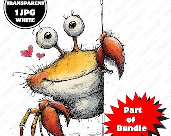 Funny Peeking Crab Clipart, Cute Cartoon Crab PNG, Quirky Sea Animal Illustration, Valentine Crab Art, Printable PNG & JPG