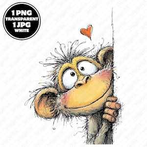 May include: A whimsical cartoon monkey with a surprised expression, peeking from behind a white surface. The monkey has large eyes, a wide smile, and a small orange heart above its head. The image includes the text "1 PNG TRANSPARENT 1 JPG WHITE".