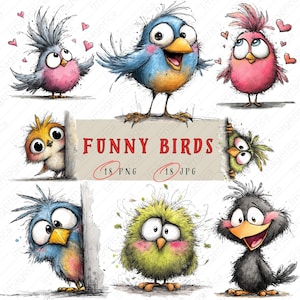 May include: A collection of whimsical bird illustrations in various colors, including blue, pink, yellow, and green. The birds have exaggerated features and expressions, with the text "FUNNY BIRDS" displayed on a banner.