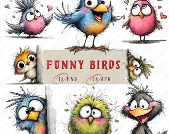 Funny Birds Clipart Bundle | Cute Cartoon Bird PNG & JPG Set | Whimsical Animal Illustrations | Kids Birthday, Cards | Instant Download