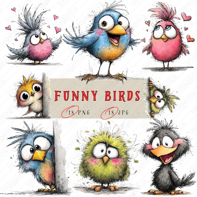 May include: A collection of whimsical bird illustrations in various colors, including blue, pink, yellow, and green. The birds have exaggerated features and expressions, with the text "FUNNY BIRDS" displayed on a banner.