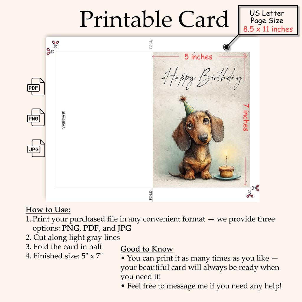 Dachshund Birthday Card Printable, Cute Sausage Dog Card, Funny Puppy ...
