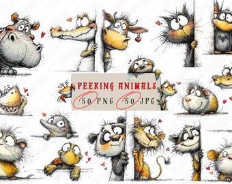 Funny Peeking Bundle Animals Sketch Clipart, Cute Watercolor Animal Sketches, Whimsical Hand Drawn Characters, Digital Download