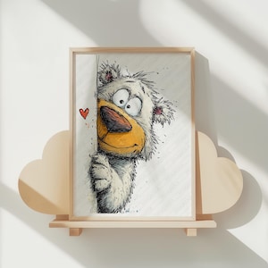 May include: A framed cartoon illustration of a white bear peeking from behind a wall. The bear has a large yellow snout, big eyes, and a red heart next to it. The artwork is displayed on a wooden shelf with a cloud-shaped design.
