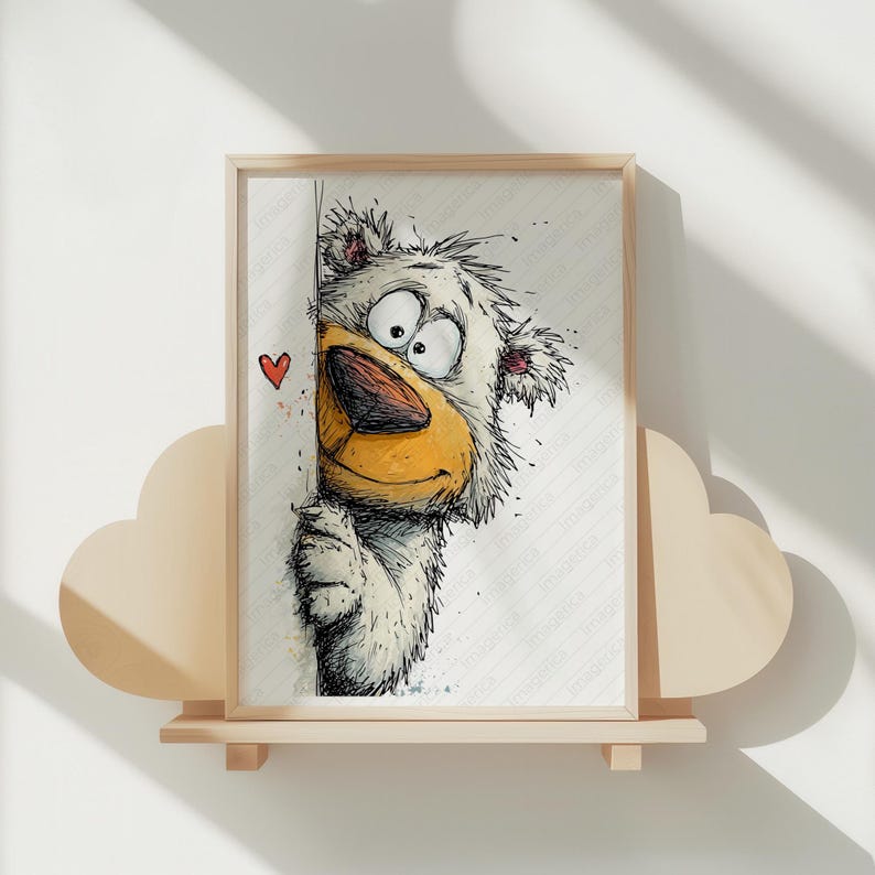May include: A framed cartoon illustration of a white bear peeking from behind a wall. The bear has a large yellow snout, big eyes, and a red heart next to it. The artwork is displayed on a wooden shelf with a cloud-shaped design.