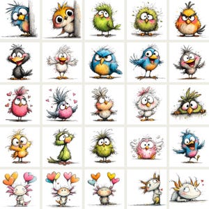 May include: A collection of whimsical cartoon birds and axolotls in various colors and poses. Each character has large eyes and expressive features, with some holding hearts or peeking from behind objects. The illustrations are set against a white background.