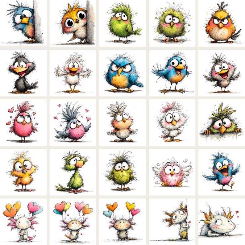 May include: A collection of whimsical cartoon birds and axolotls in various colors and poses. Each character has large eyes and expressive features, with some holding hearts or peeking from behind objects. The illustrations are set against a white background.