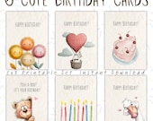 Cute Birthday Card Set Printable, Handmade Style Birthday Cards, Watercolor Birthday Cards, 6 Card Bundle, 5x7 Printable Birthday Cards