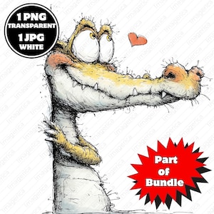 Pode incluir: Uma ilustração de desenho animado de um crocodilo amarelo e branco com olhos grandes e um sorriso largo, com um pequeno coração vermelho acima do focinho. A imagem inclui o texto 1 PNG TRANSPARENT, 1 JPG WHITE e Part of Bundle.