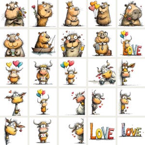 May include: A collection of whimsical illustrations featuring cartoon animals, including beavers and bulls, in various poses. Some hold flowers, balloons, or champagne glasses. The word "LOVE" is also featured in a colorful design.