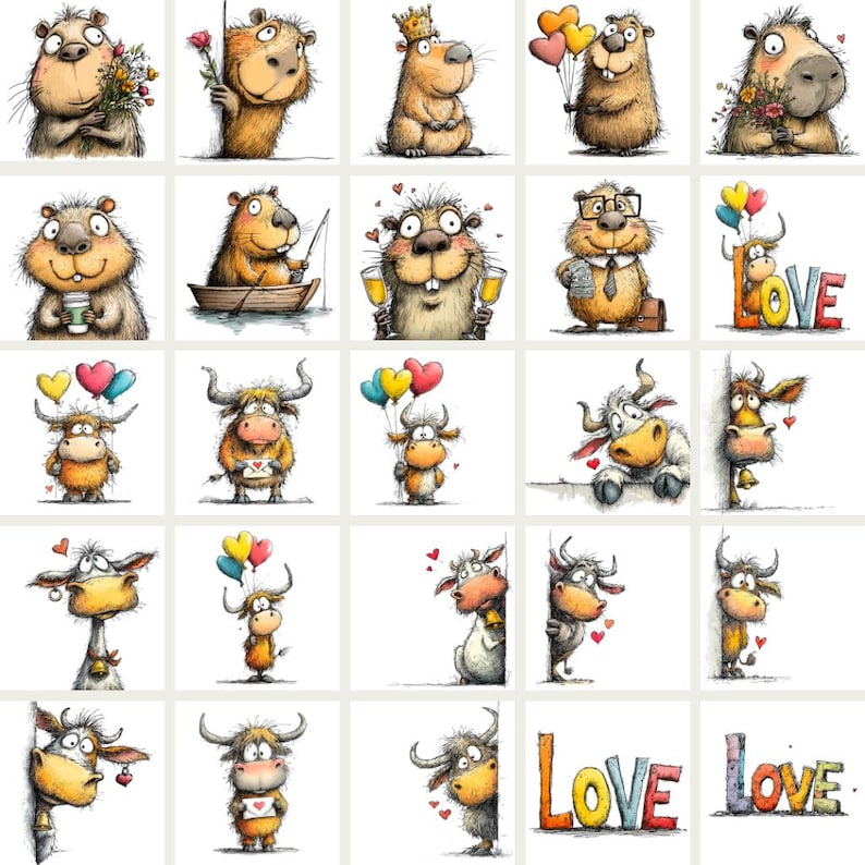 May include: A collection of whimsical illustrations featuring cartoon animals, including beavers and bulls, in various poses. Some hold flowers, balloons, or champagne glasses. The word "LOVE" is also featured in a colorful design.