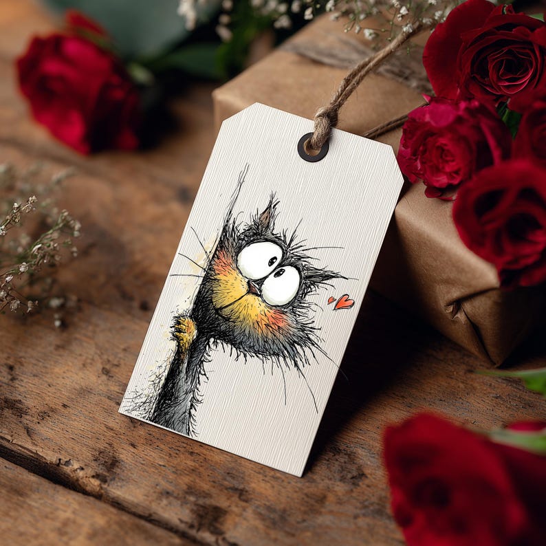 May include: A gift tag with a whimsical illustration of a cartoon cat peeking around a corner. The cat is black and gray with a yellow muzzle and rosy cheeks. A small red heart is drawn next to the cat. The tag is tied with twine.