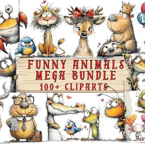 May include: A collection of whimsical, hand-drawn animal clip art illustrations. The image features a variety of creatures, including a crab, lion, deer, and bear, each with unique expressions and details. The text "FUNNY ANIMALS MEGA BUNDLE 100+ CLIPARTS" is displayed on a wooden sign.