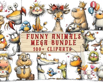 Funny Animals Mega Bundle Clipart 100+ | Cute Hand Drawn Animals PNG JPG | Whimsical Cartoon Animal Clipart for Commercial Use
