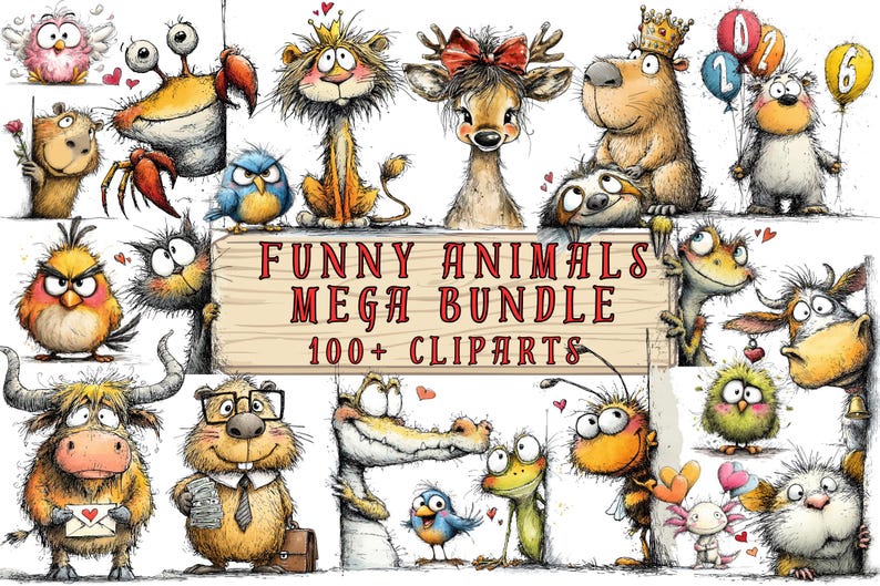 May include: A collection of whimsical, hand-drawn animal clip art illustrations. The image features a variety of creatures, including a crab, lion, deer, and bear, each with unique expressions and details. The text "FUNNY ANIMALS MEGA BUNDLE 100+ CLIPARTS" is displayed on a wooden sign.