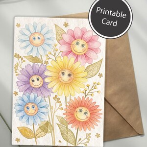 Può includere: Un biglietto d'auguri rettangolare con un'illustrazione ad acquerello di sei fiori sorridenti nelle tonalità del blu, rosa, giallo, viola e arancione. Il biglietto include piccole foglie e steli dorati, con un'etichetta nera circolare con la scritta Printable Card.