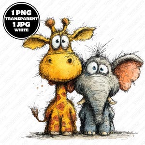 May include: A whimsical illustration of a giraffe and an elephant standing side-by-side. The giraffe is yellow with brown spots, and the elephant is gray with orange ears. The image includes the text "1 PNG TRANSPARENT 1 JPG WHITE" in a black circle.